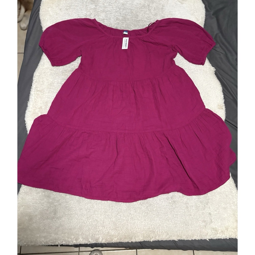 NWT Old Navy Magenta Pink Puff Sleeve Tiered Mini Swing Dress Large L Cotton